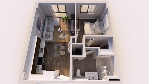 Floor plan for 1 bed, 1 bath, 591 sqft